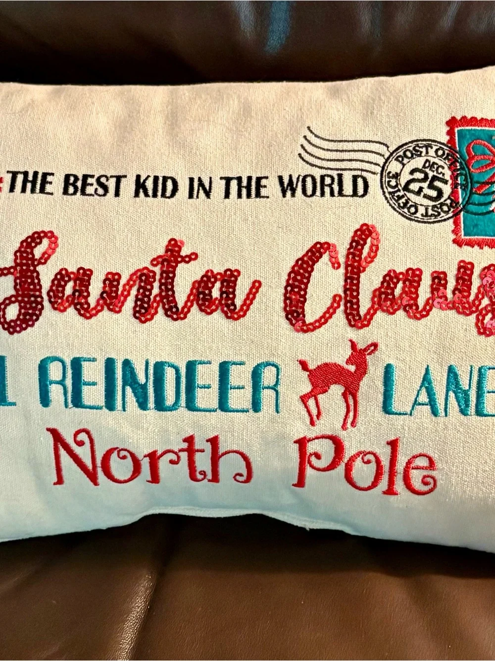 Holiday Embroidered and Sequins Santa Claus Decorative Pillow - Red & Teal Text